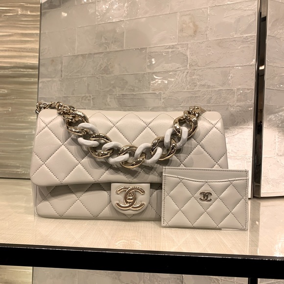 CHANEL Handbags - (SOLD) Chanel lambskin quilted resin bi-color chain large flap bag grey.